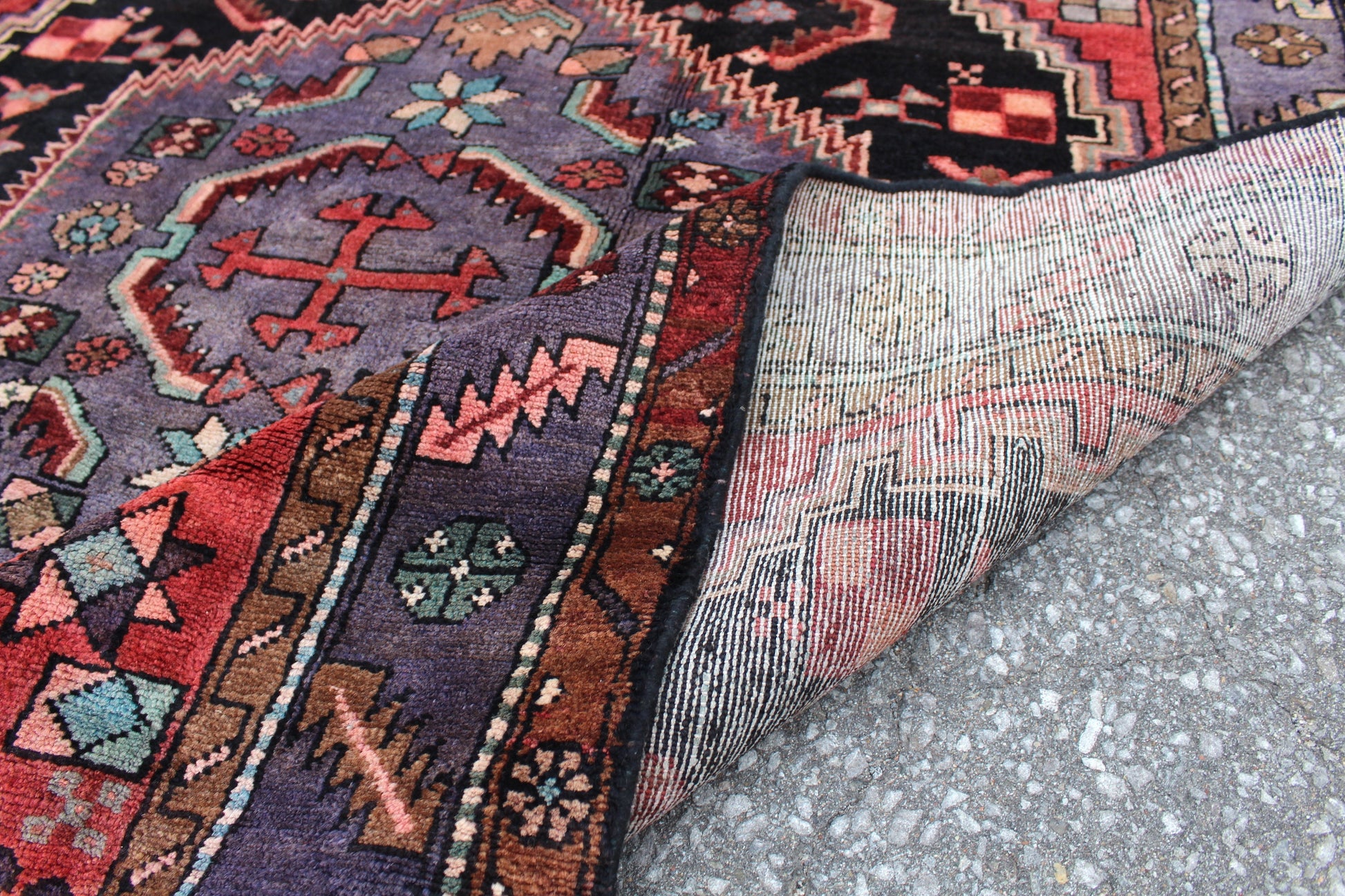 Red Blue 3x5 Vintage Handmade rug with Large Black Medallion