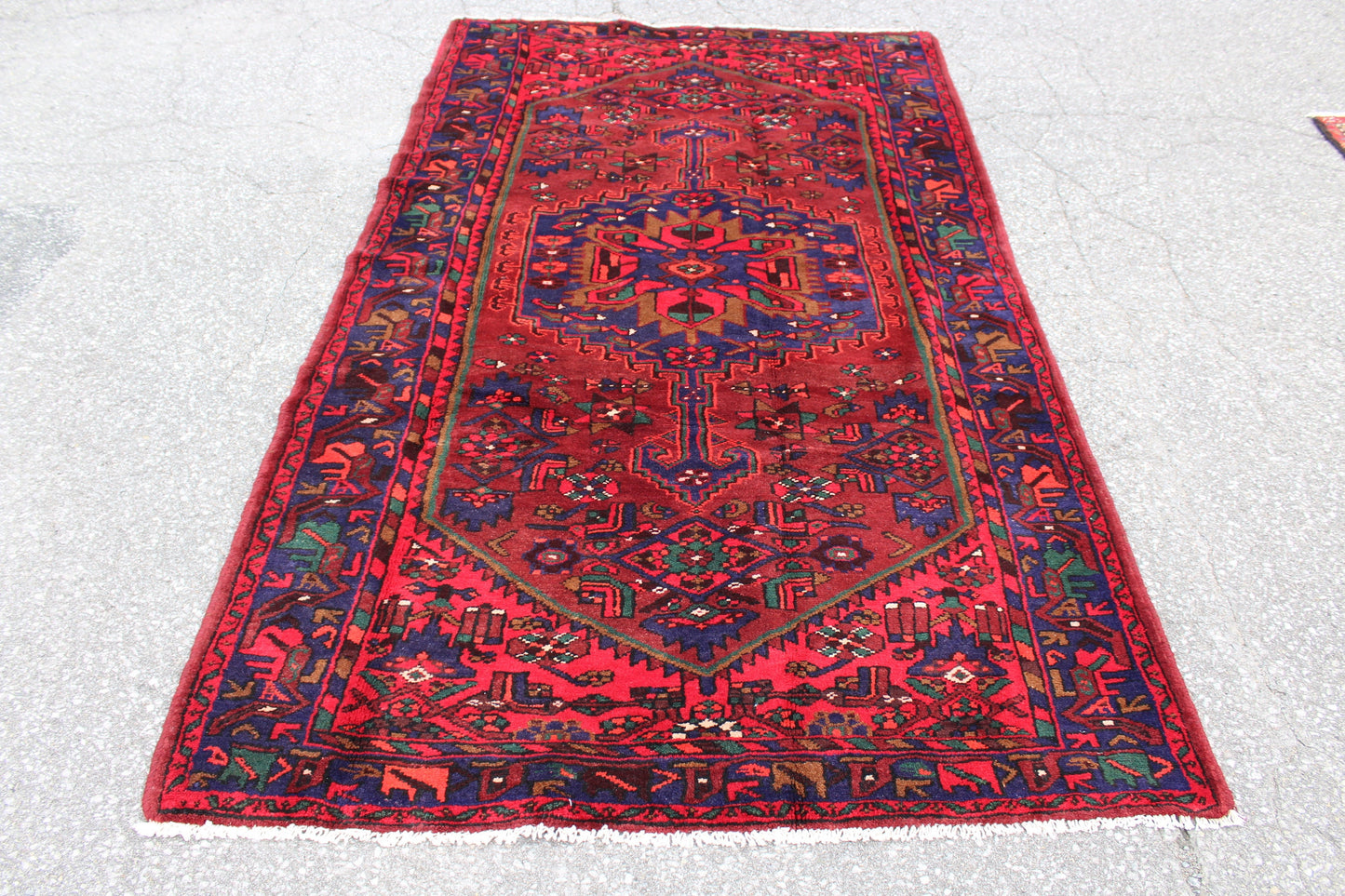 Red Blue 4x8 Vintage Rug | Tribal Oriental Persian Rug | Kazak Bohemian Rug | Handmade Rug