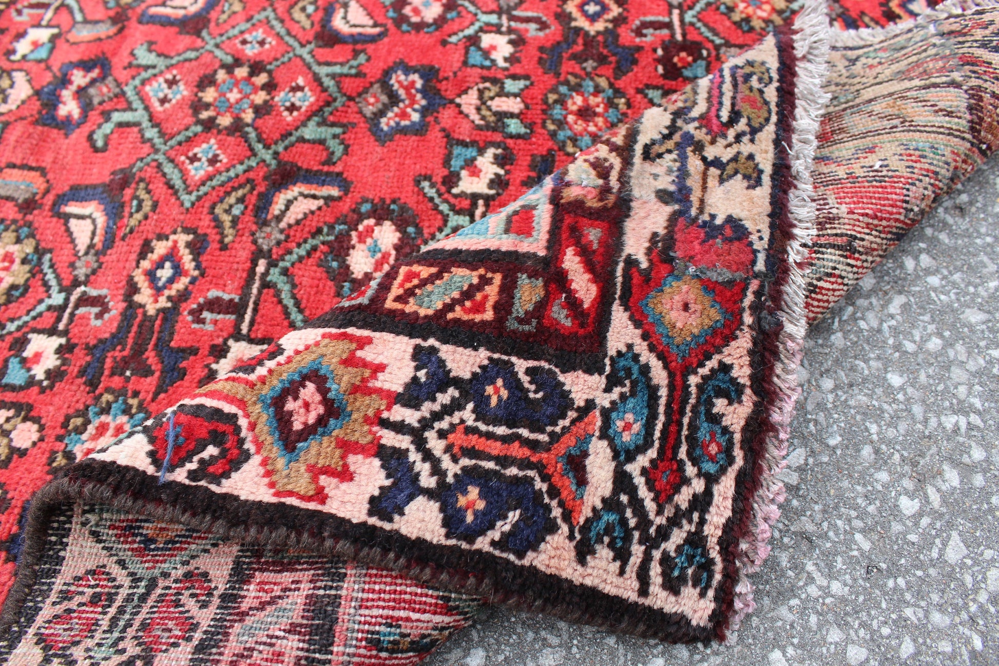 Red 3x7 Vintage Oriental Rug with Turquoise Navy Floral