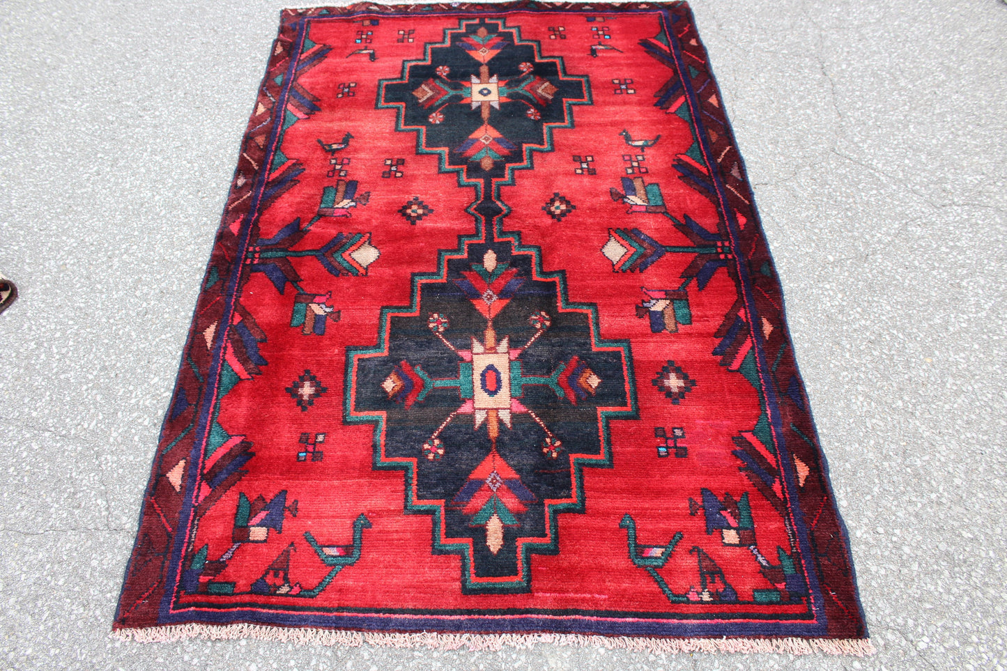 Bright Red 4x6 Rug with Navy Teal Tribal Floral Accents