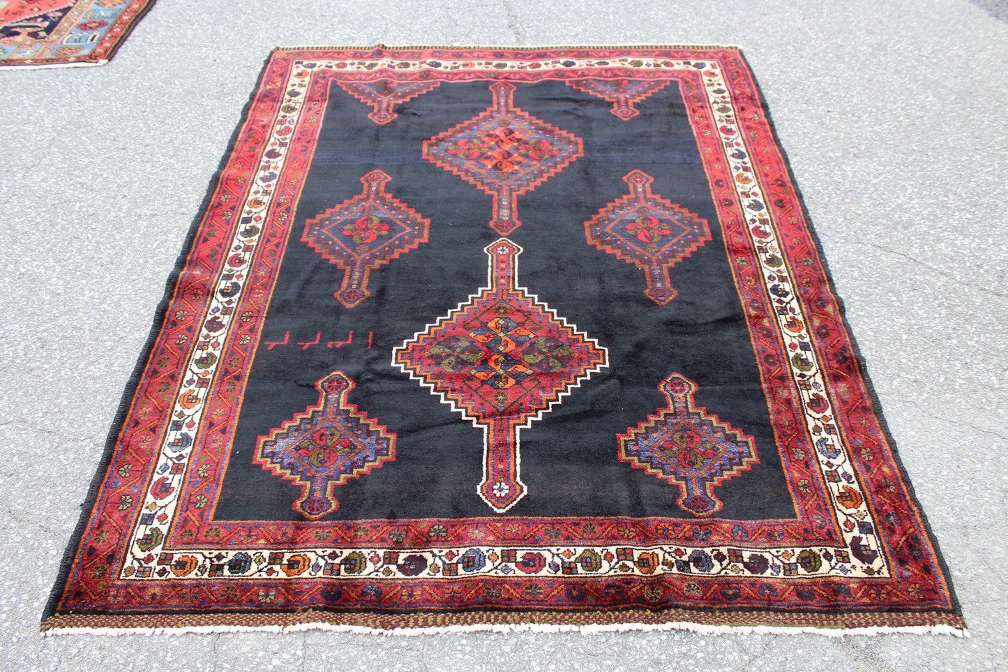 Navy Blue Rug with Red Border 5x6 Hand Knotted Tribal Rug