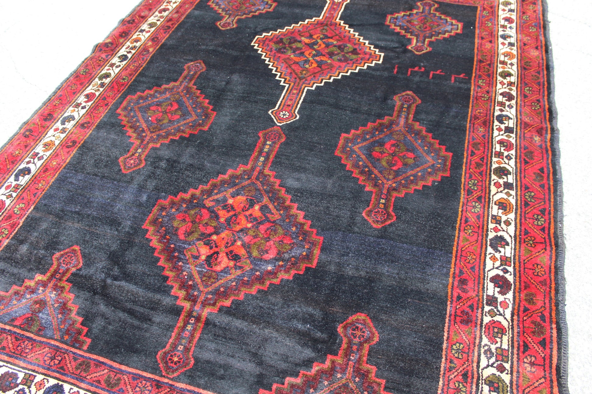 Navy Blue Rug with Red Border 5x6 Hand Knotted Tribal Rug