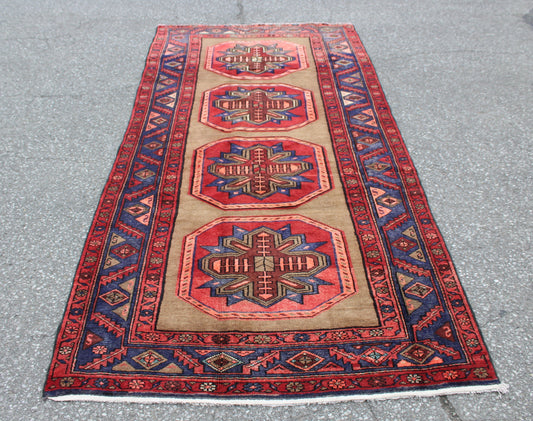 Beige Runner With Navy Red Pink Geometric Tribal Designs | 3.11 x 8.2 Runner