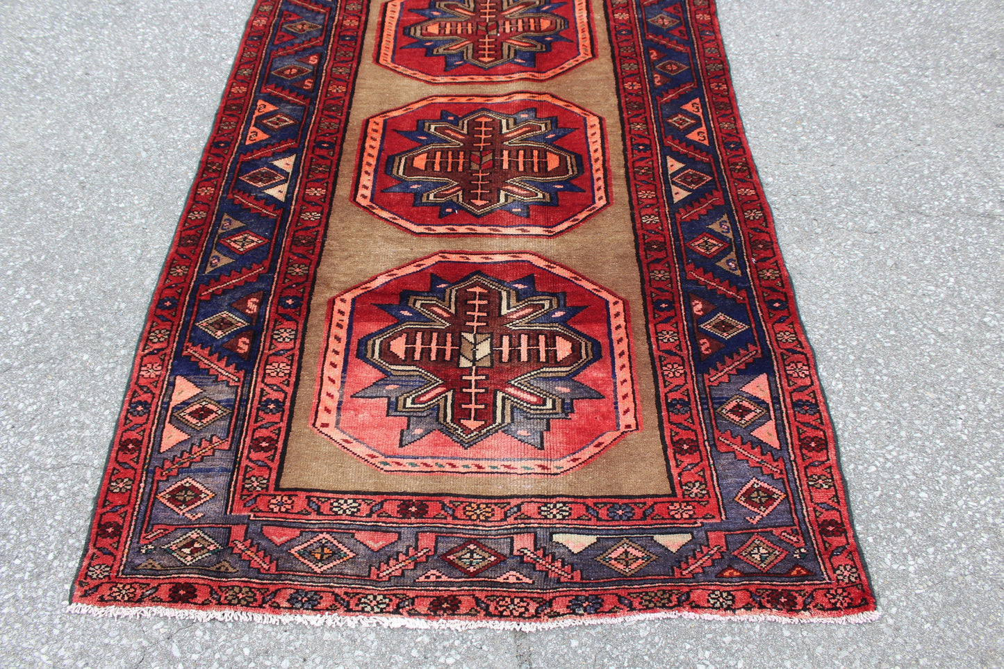Beige Runner With Navy Red Pink Geometric Tribal Designs | 3.11 x 8.2 Runner