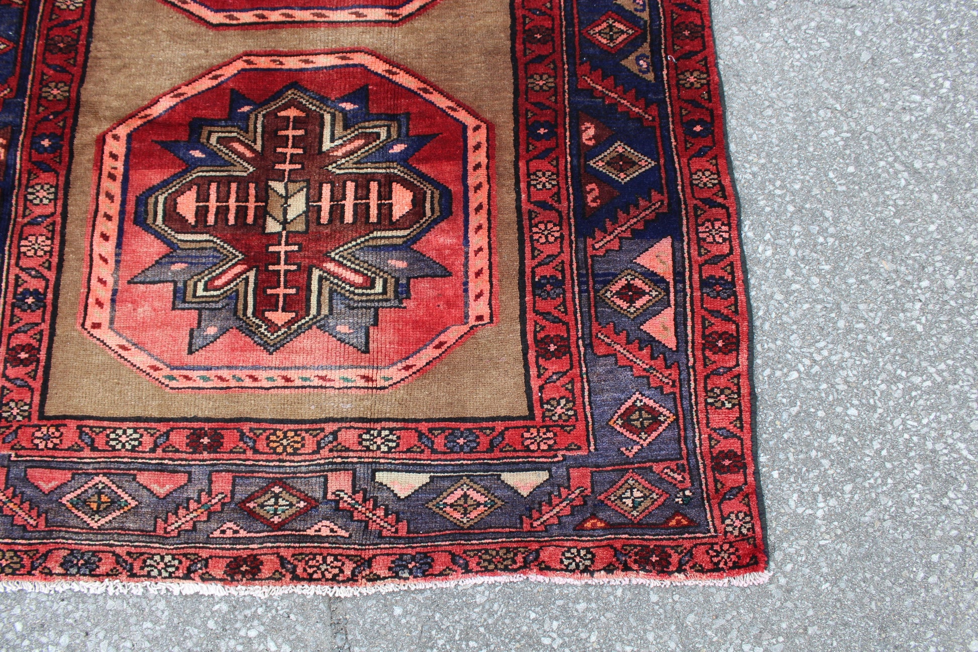 Beige Runner With Navy Red Pink Geometric Tribal Designs | 3.11 x 8.2 Runner