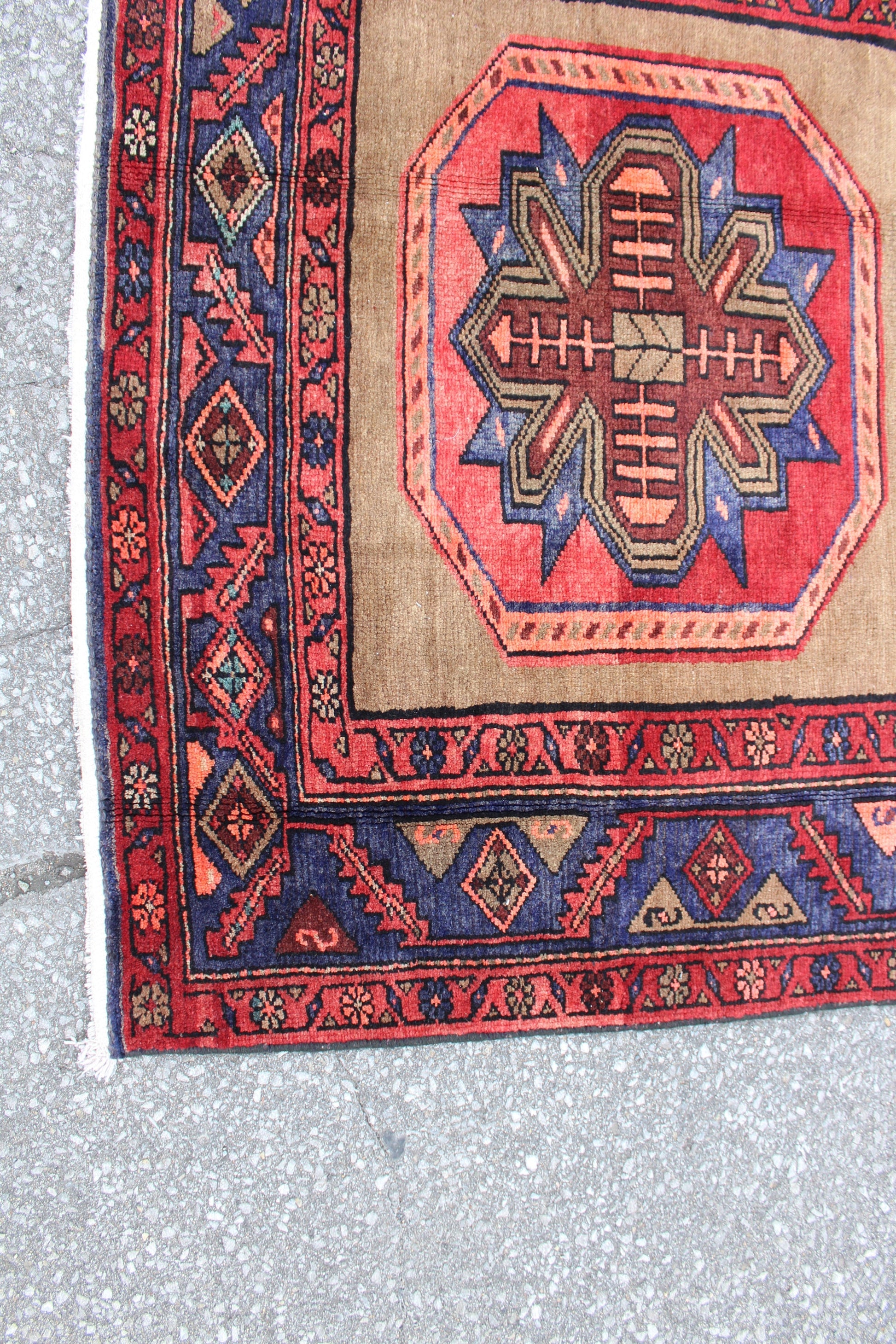 Beige Runner With Navy Red Pink Geometric Tribal Designs | 3.11 x 8.2 Runner