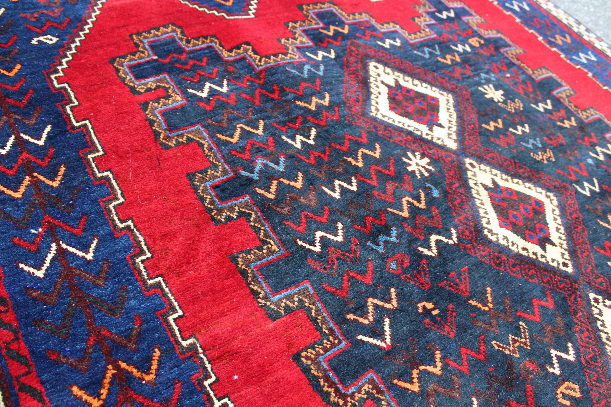 Blue 5x6 Rug with Red Accents | Wool Hand Knotted Tribal Rug