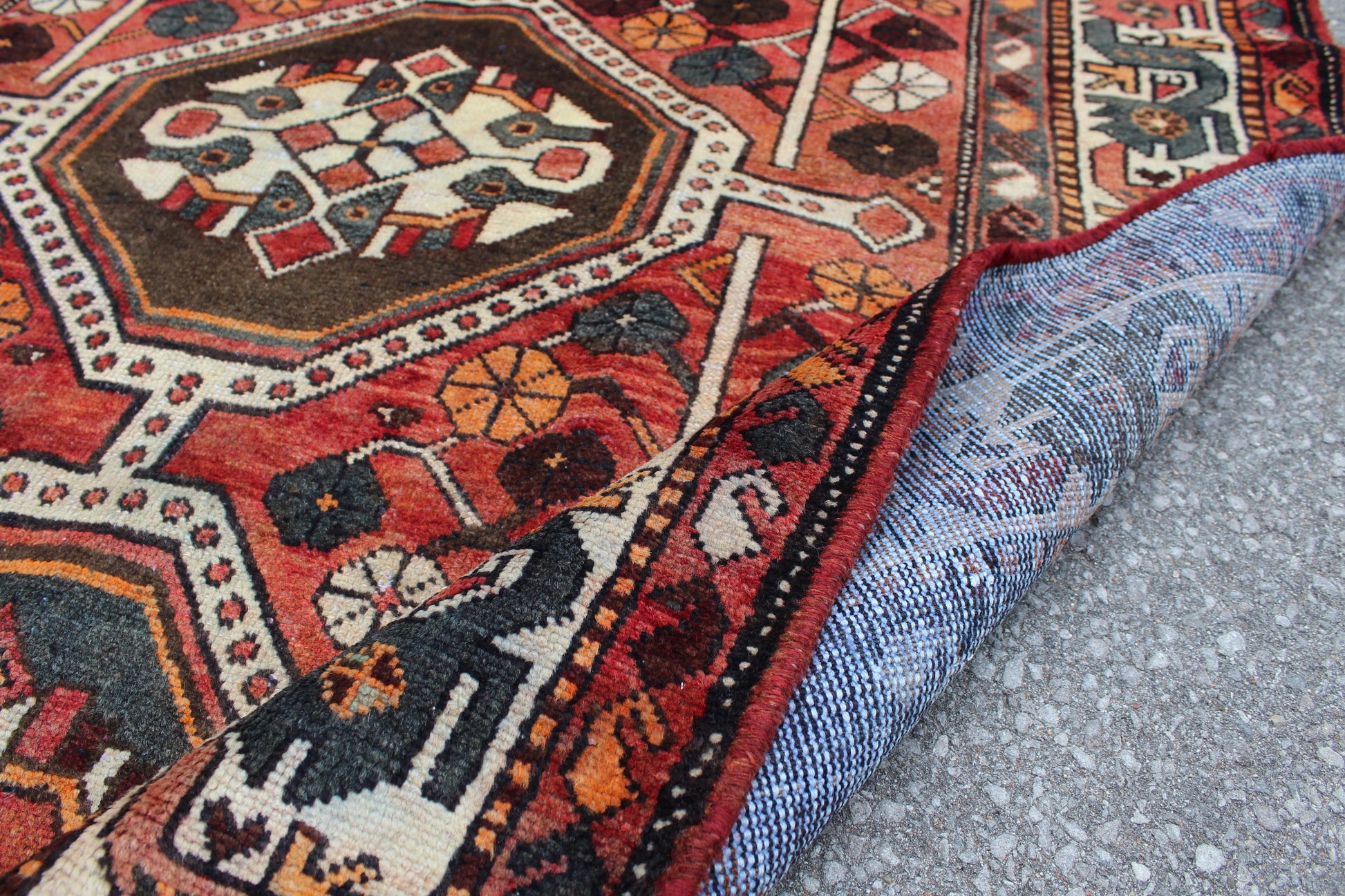 Coral Brown Teal 4x8 Hand Knotted Vintage Rug