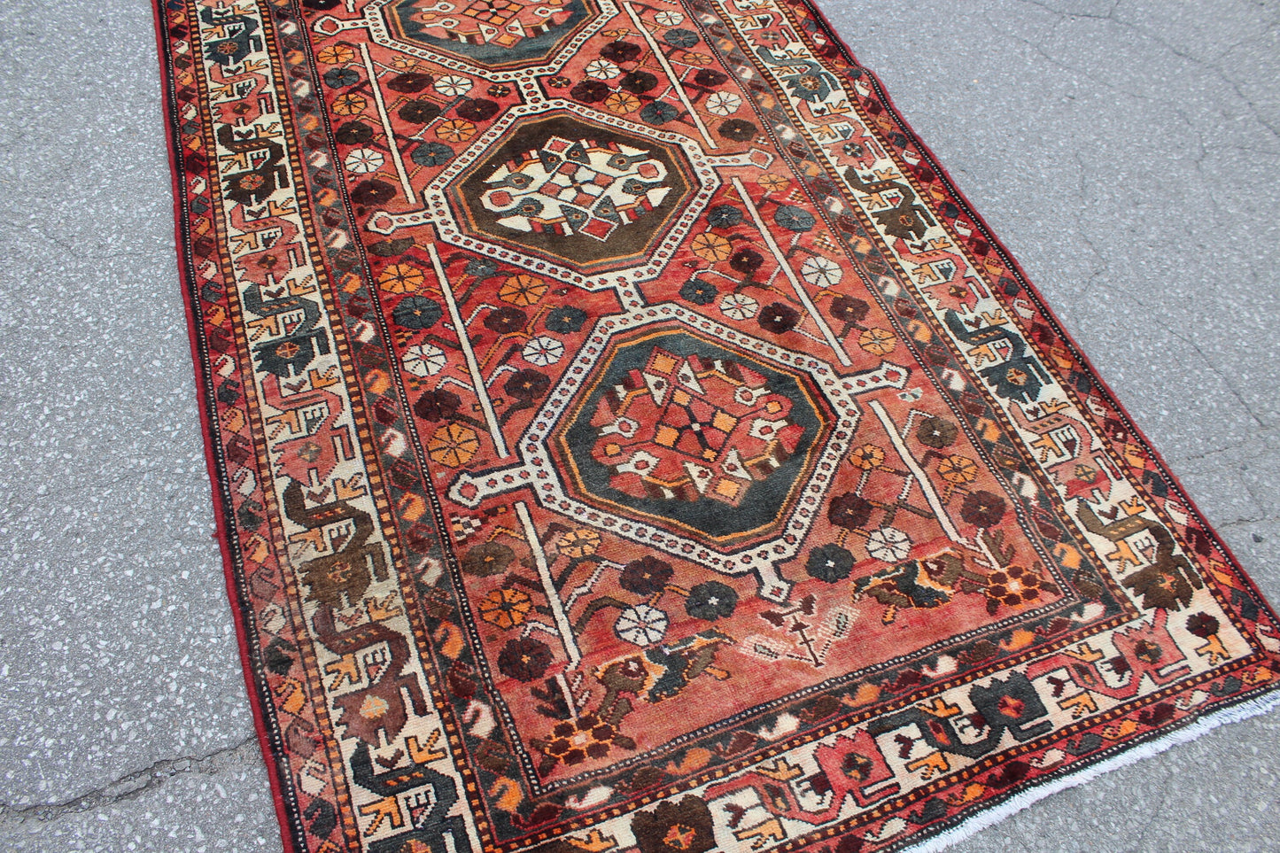 Coral Brown Teal 4x8 Hand Knotted Vintage Rug