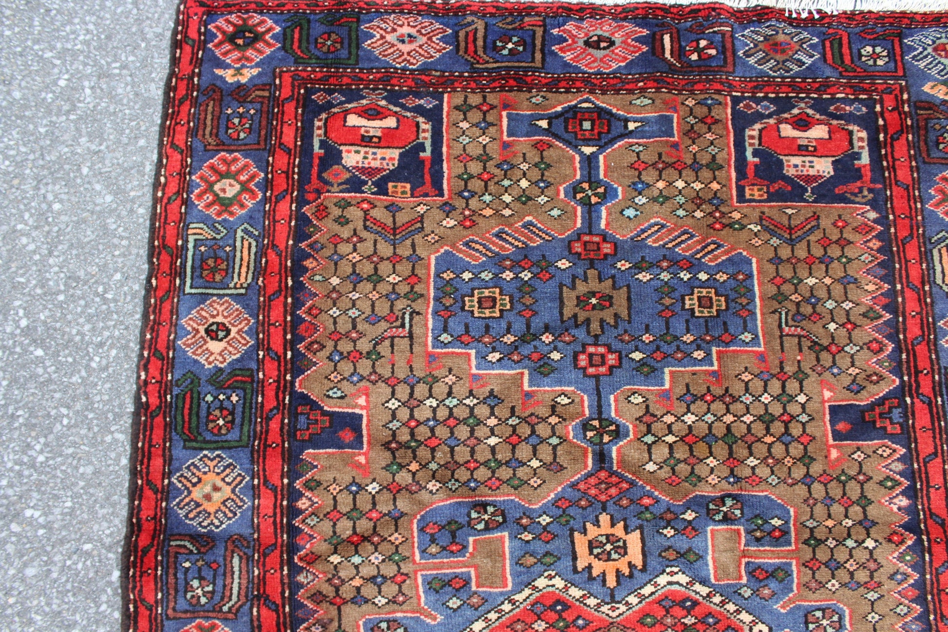 Beige Rug 4x7 with Blue Pink Red Accent | Tribal Handmade Wool