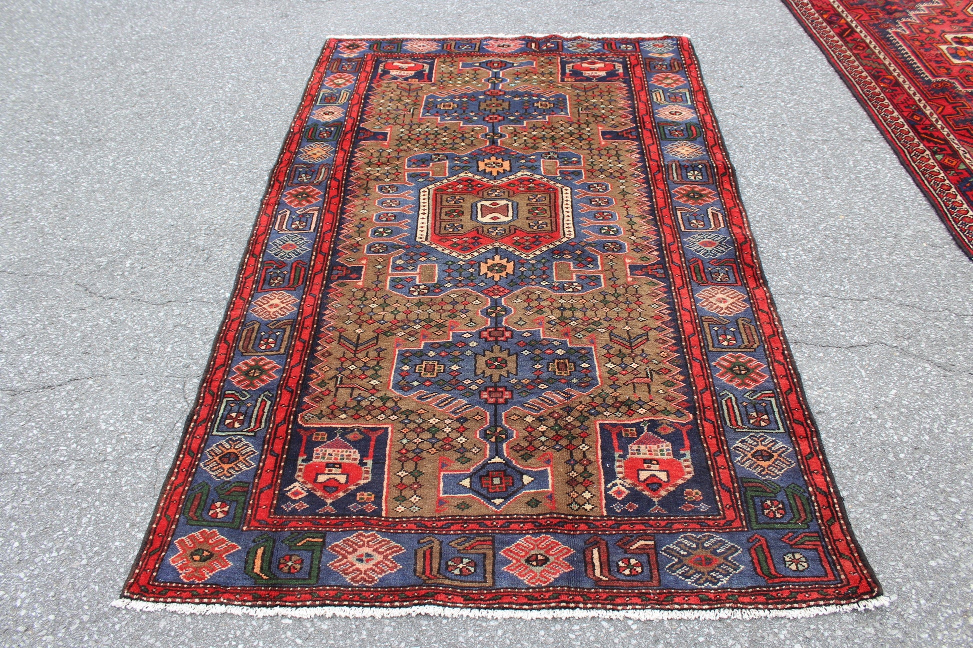 Beige Rug 4x7 with Blue Pink Red Accent | Tribal Handmade Wool