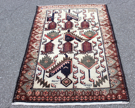 Earth Toned Ivory Rust 3x5 Handmade Vintage Turkish Area Rug