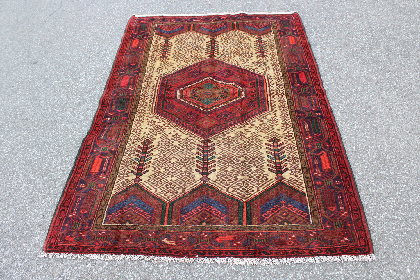 Red Cream Rug 4x7 Vintage Tribal Persian Turkish Handmade