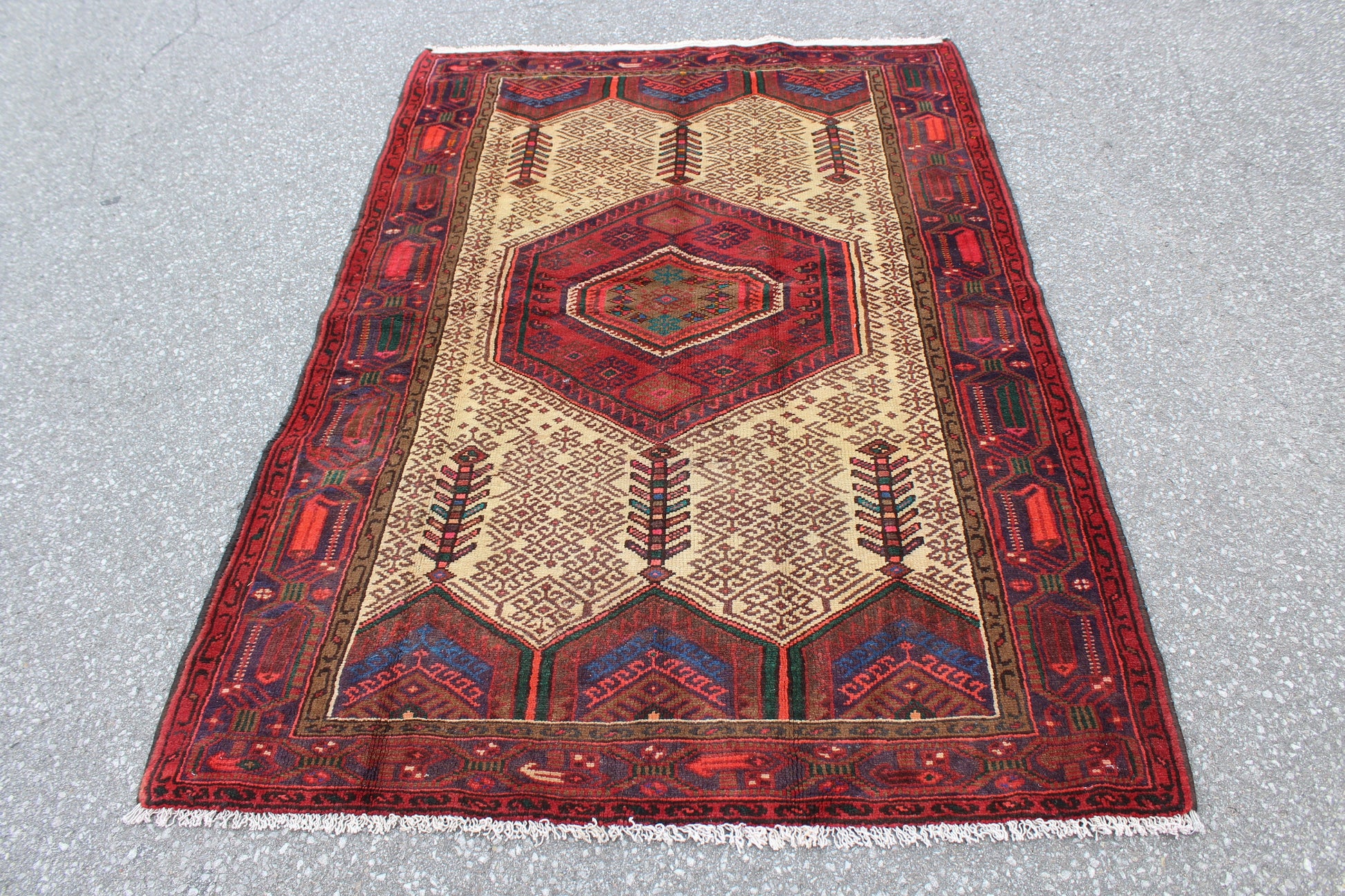 Red Cream Rug 4x7 Vintage Tribal Persian Turkish Handmade