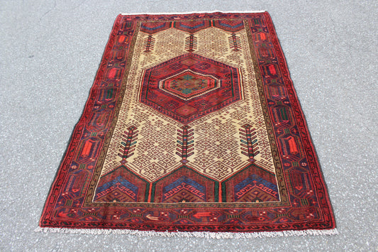 Red Cream Rug 4x7 Vintage Tribal Persian Turkish Handmade