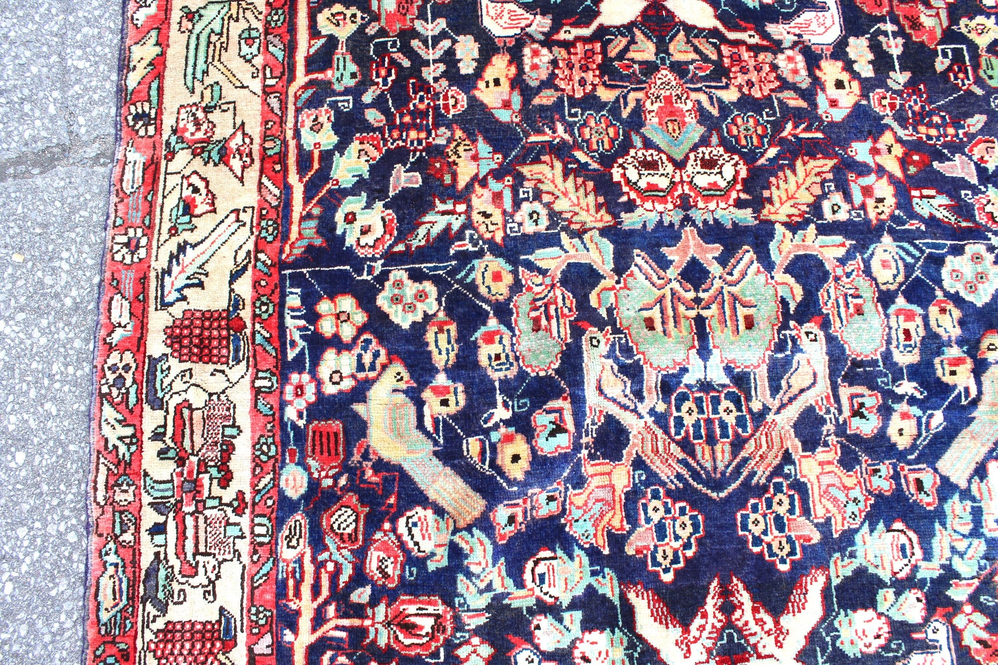 Navy Blue Oriental Rug with Beige Border | One of a Kind Handmade Rug