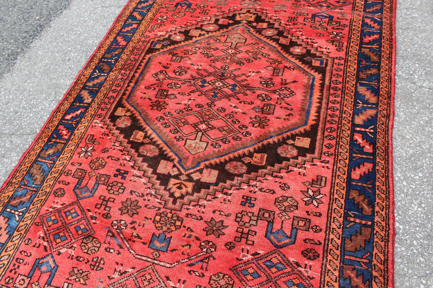 Coral Pink Handmade 4x6 Persian Rug with Blue Bordered Outline
