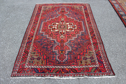 Red Blue 5x7 Vintage Hand Knotted Wool Rug