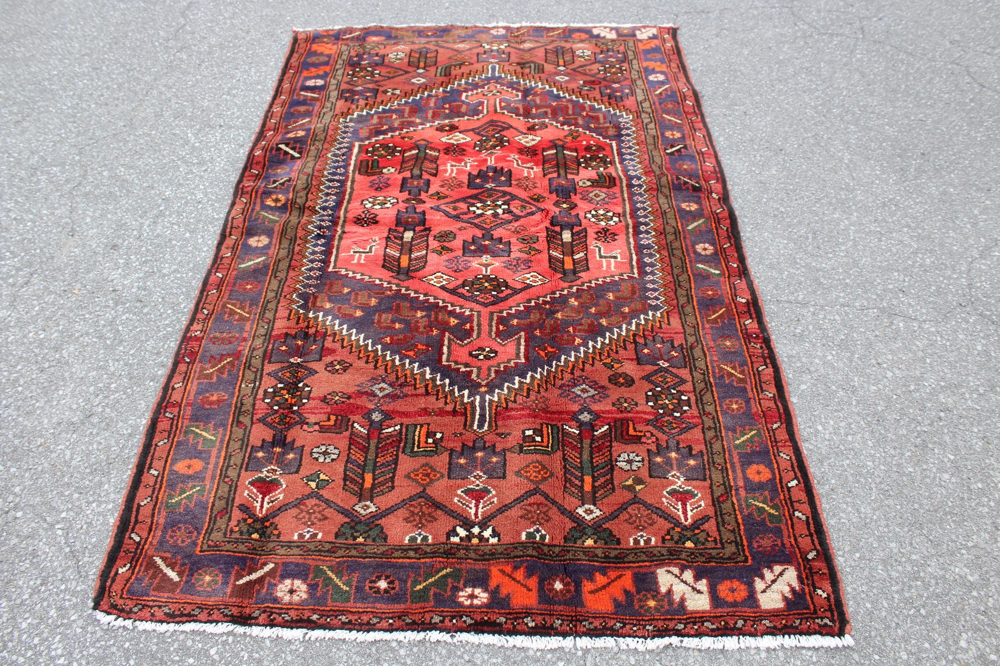 Coral 3x7 Rug with Purple Blue Border | Persian Style Handmade Rug