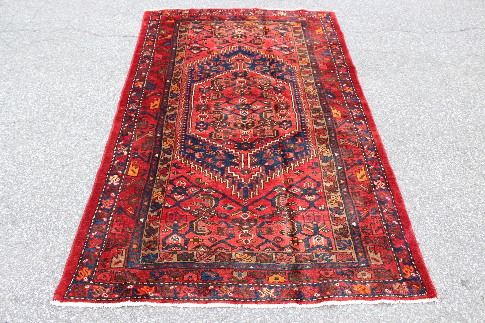 Red Blue 4x7 Vintage Handmade Rug