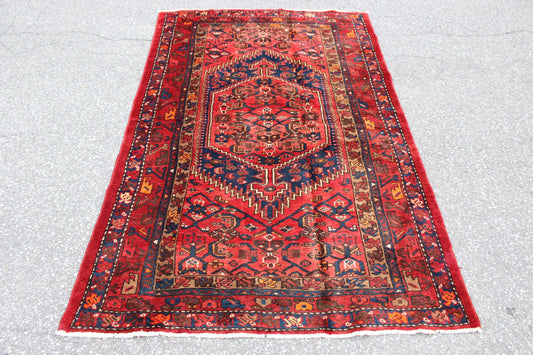 Red Blue 4x7 Vintage Handmade Rug