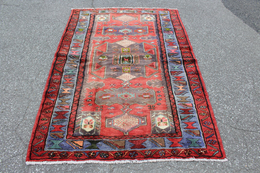 Red Rug with Blue Border 4x6 | Central Persian Style Medallion