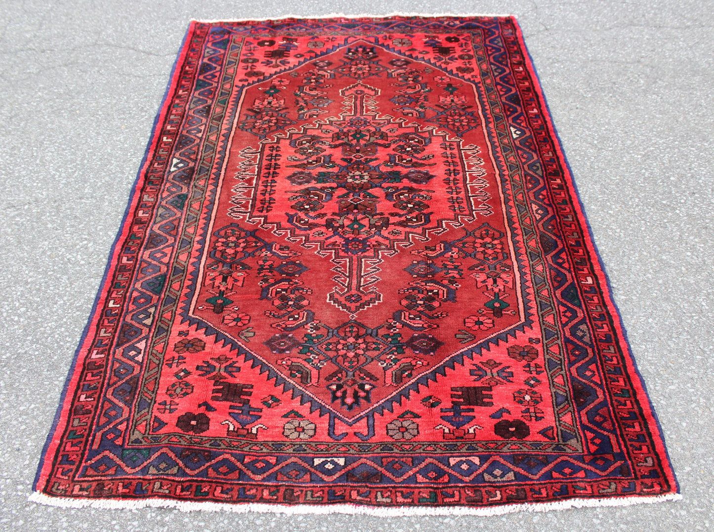 Bring Pink Red Blue 4x7 Vintage One of a Kind Hand Knotted Rug