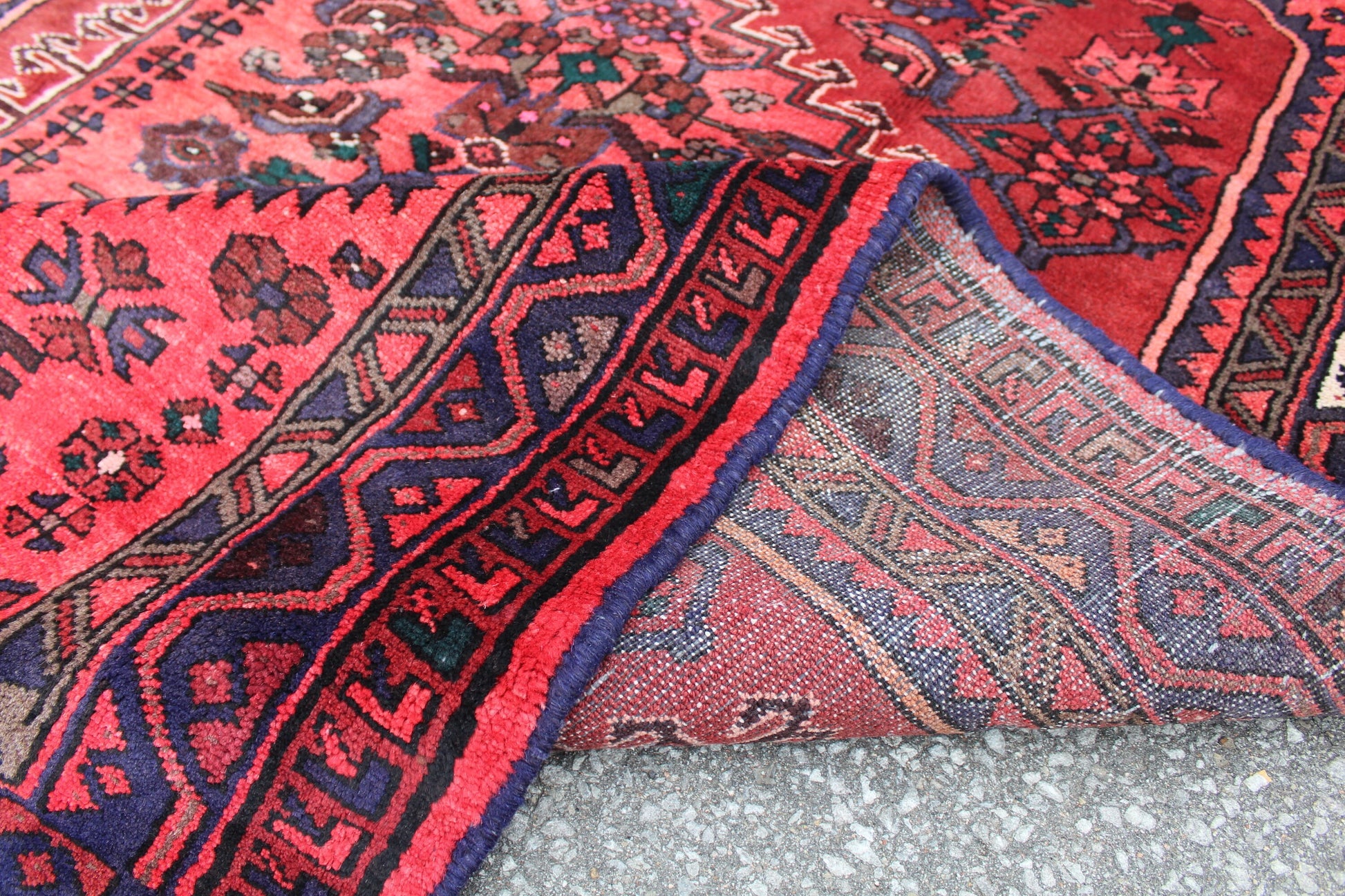 Bring Pink Red Blue 4x7 Vintage One of a Kind Hand Knotted Rug