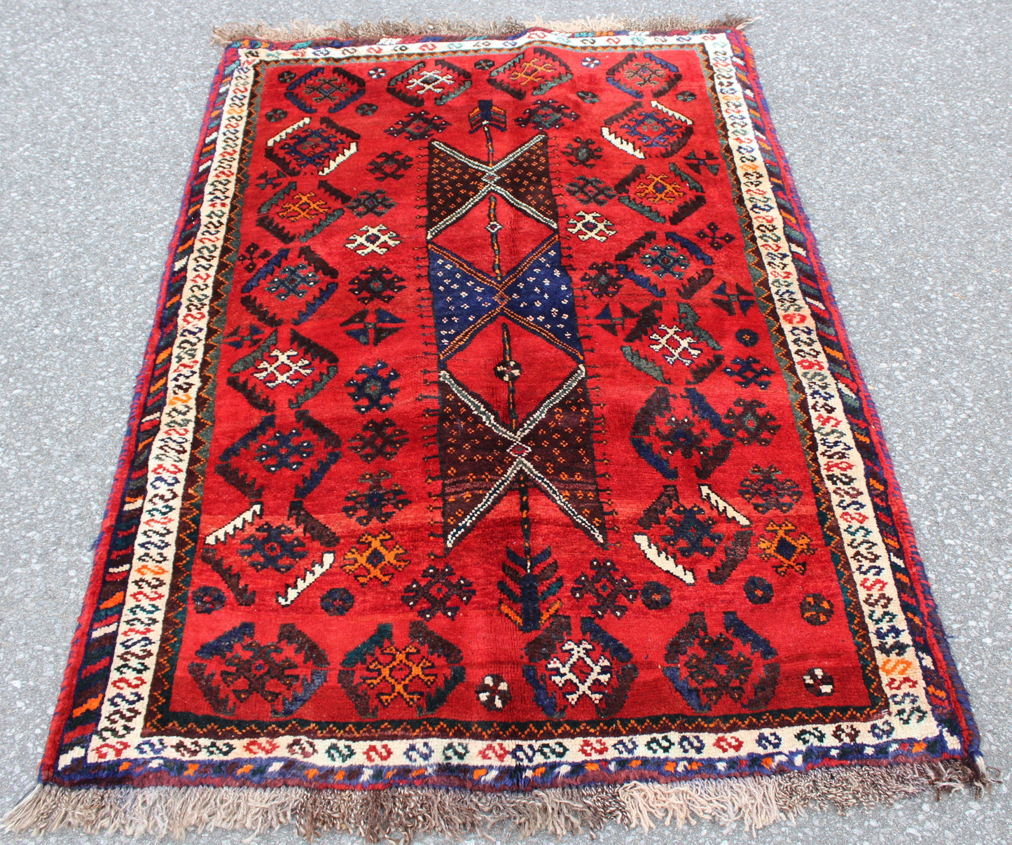 Bold Red 4x6 Rug with Ivory Border and Diamond Medallions | Handmade Vintage Wool