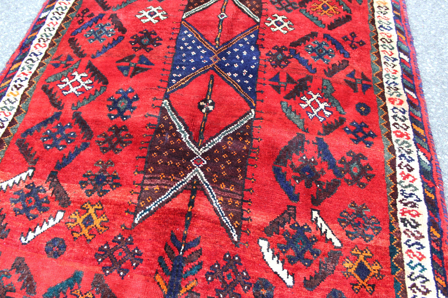Bold Red 4x6 Rug with Ivory Border and Diamond Medallions | Handmade Vintage Wool