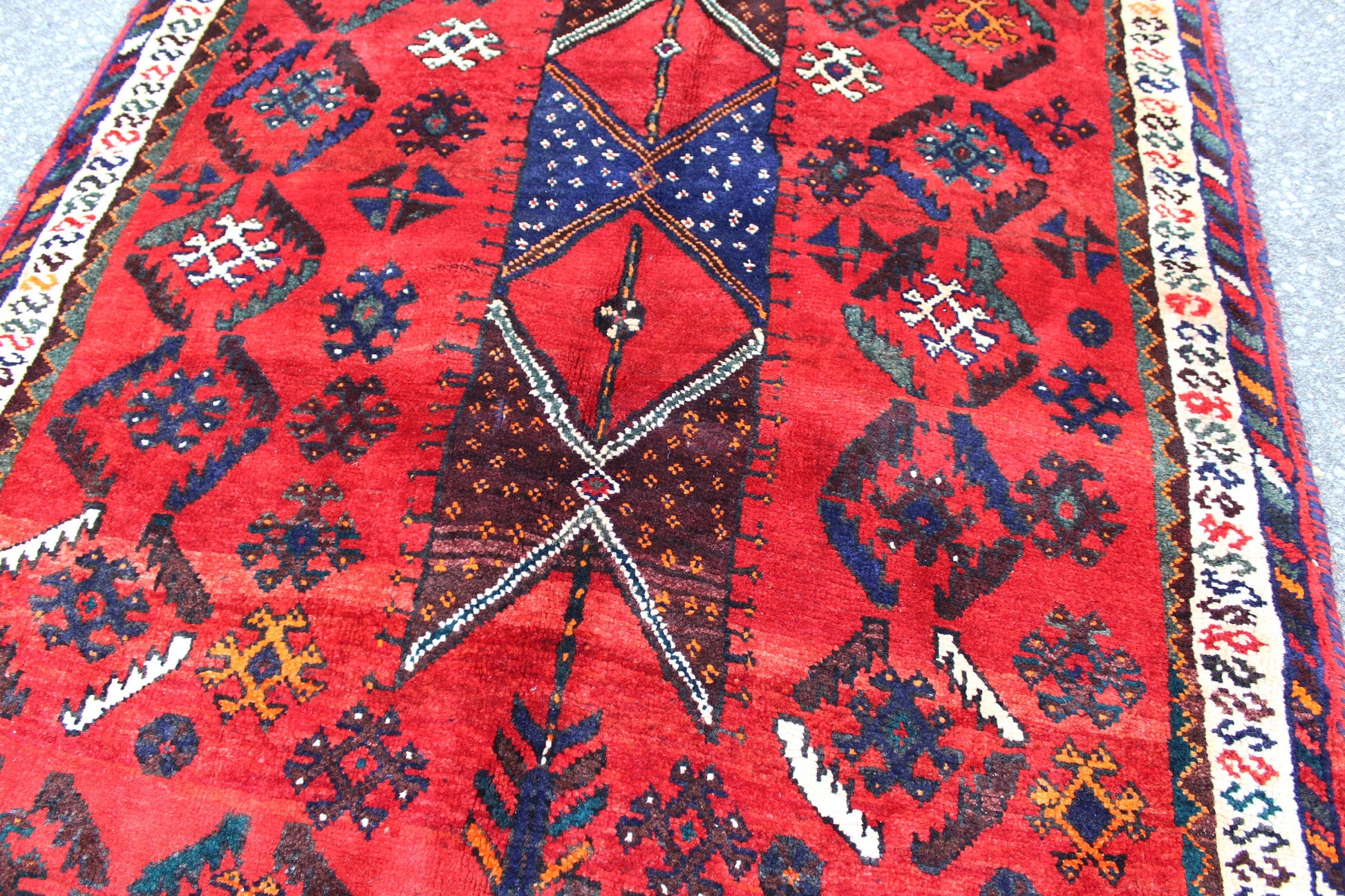 Bold Red 4x6 Rug with Ivory Border and Diamond Medallions | Handmade Vintage Wool