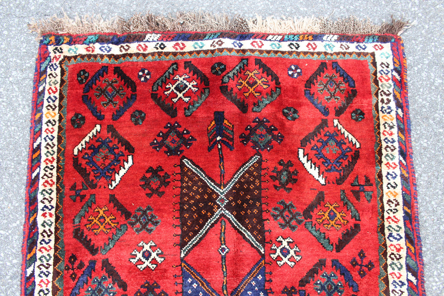 Bold Red 4x6 Rug with Ivory Border and Diamond Medallions | Handmade Vintage Wool
