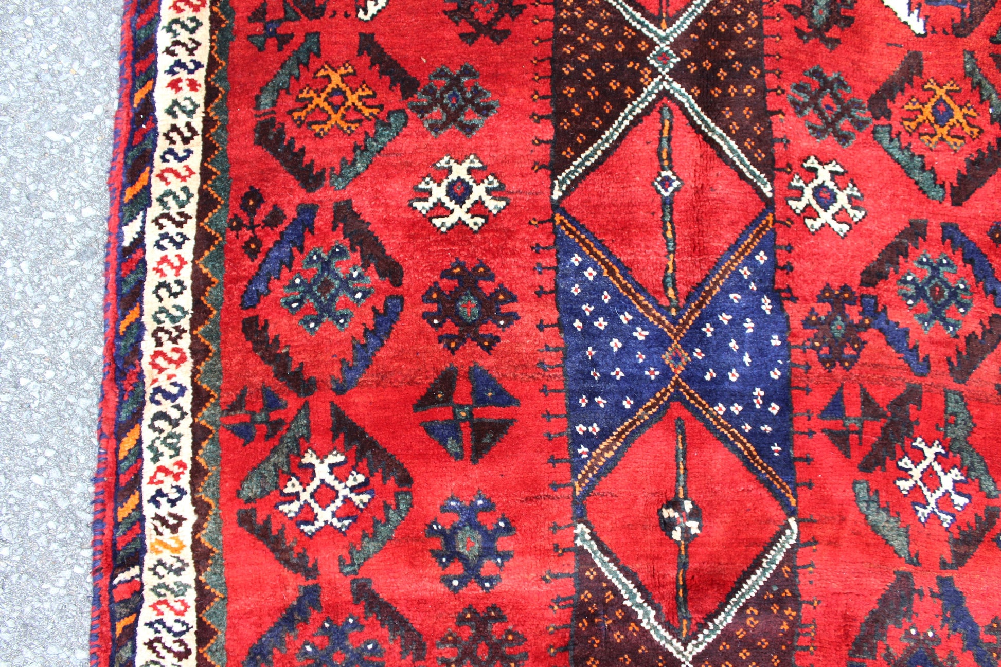 Bold Red 4x6 Rug with Ivory Border and Diamond Medallions | Handmade Vintage Wool