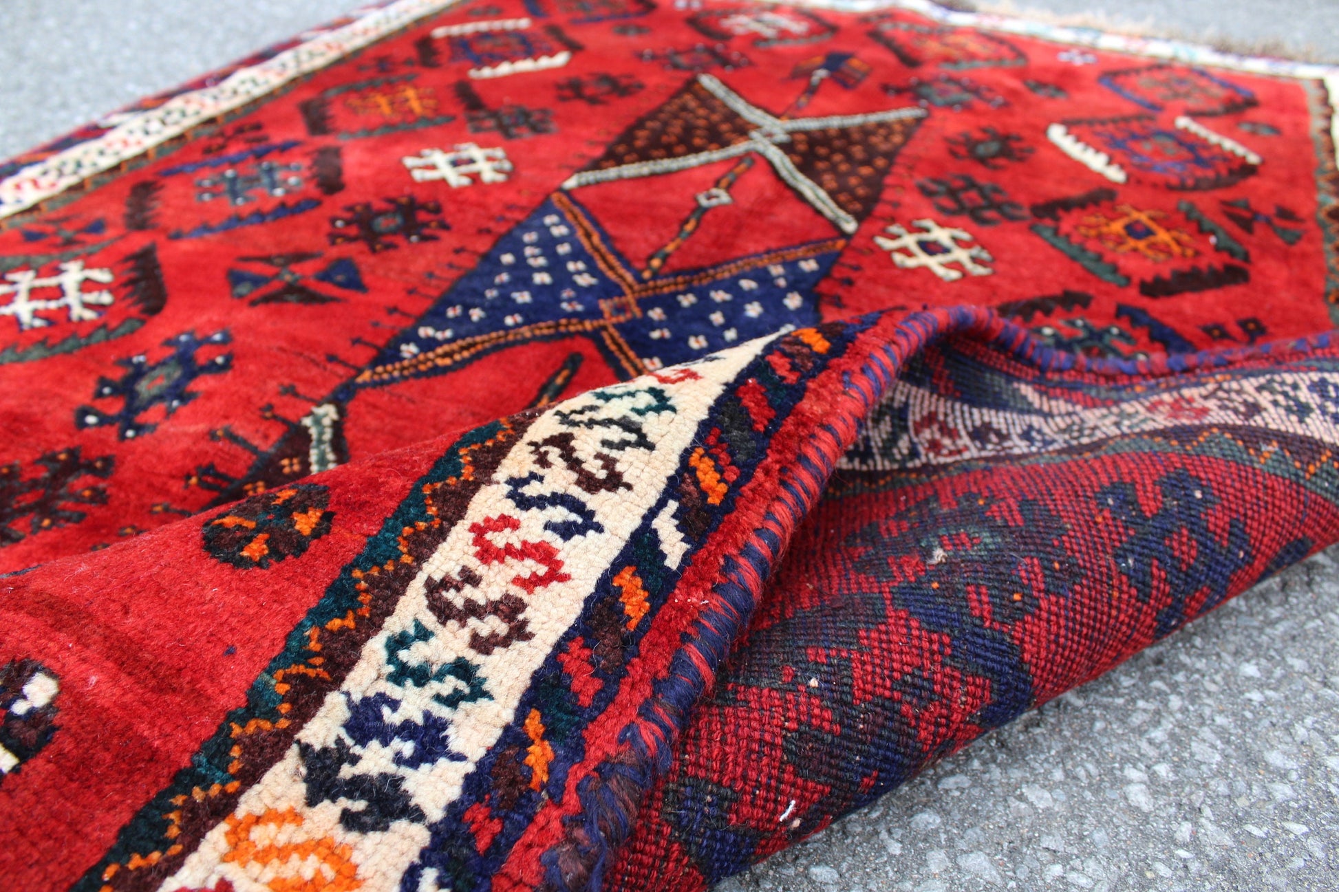 Bold Red 4x6 Rug with Ivory Border and Diamond Medallions | Handmade Vintage Wool