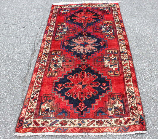 Red 3x6 Runner Rug with Navy Blue Medallions | Handmade Persian Turkish Rug