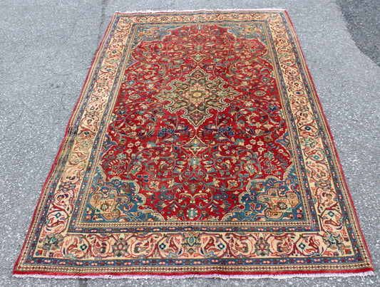 Red Blue 4x7 Vintage Wool Area Rug
