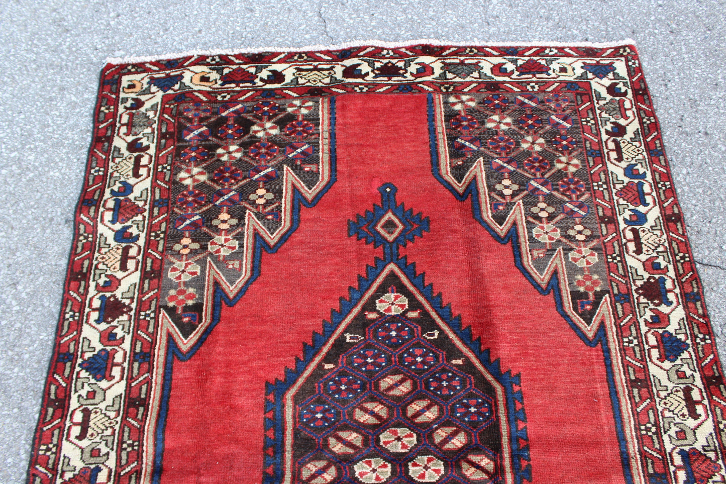 Red Rug with Navy Beige Border 4x7 Handmade Wool Rug