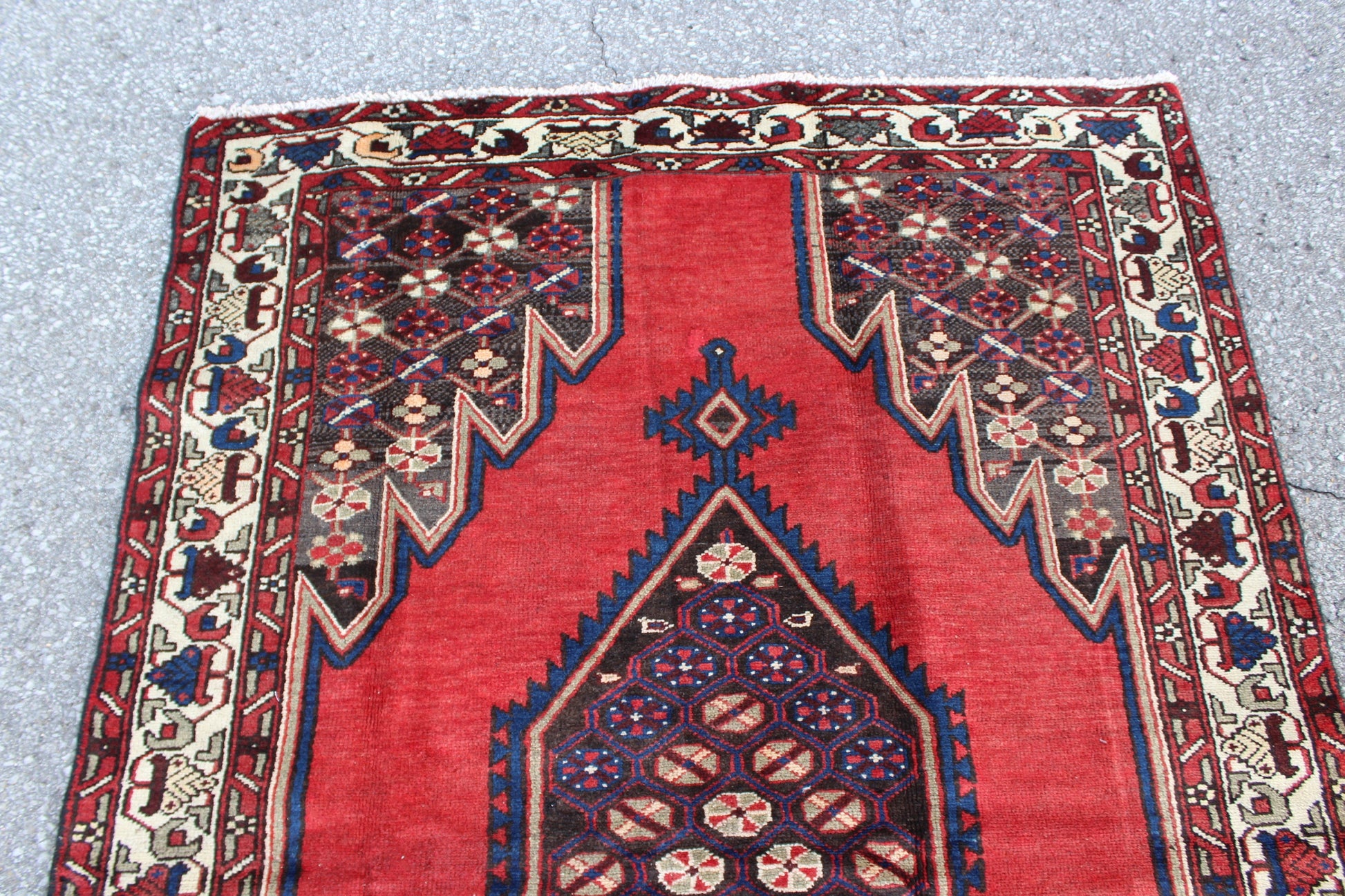 Red Rug with Navy Beige Border 4x7 Handmade Wool Rug