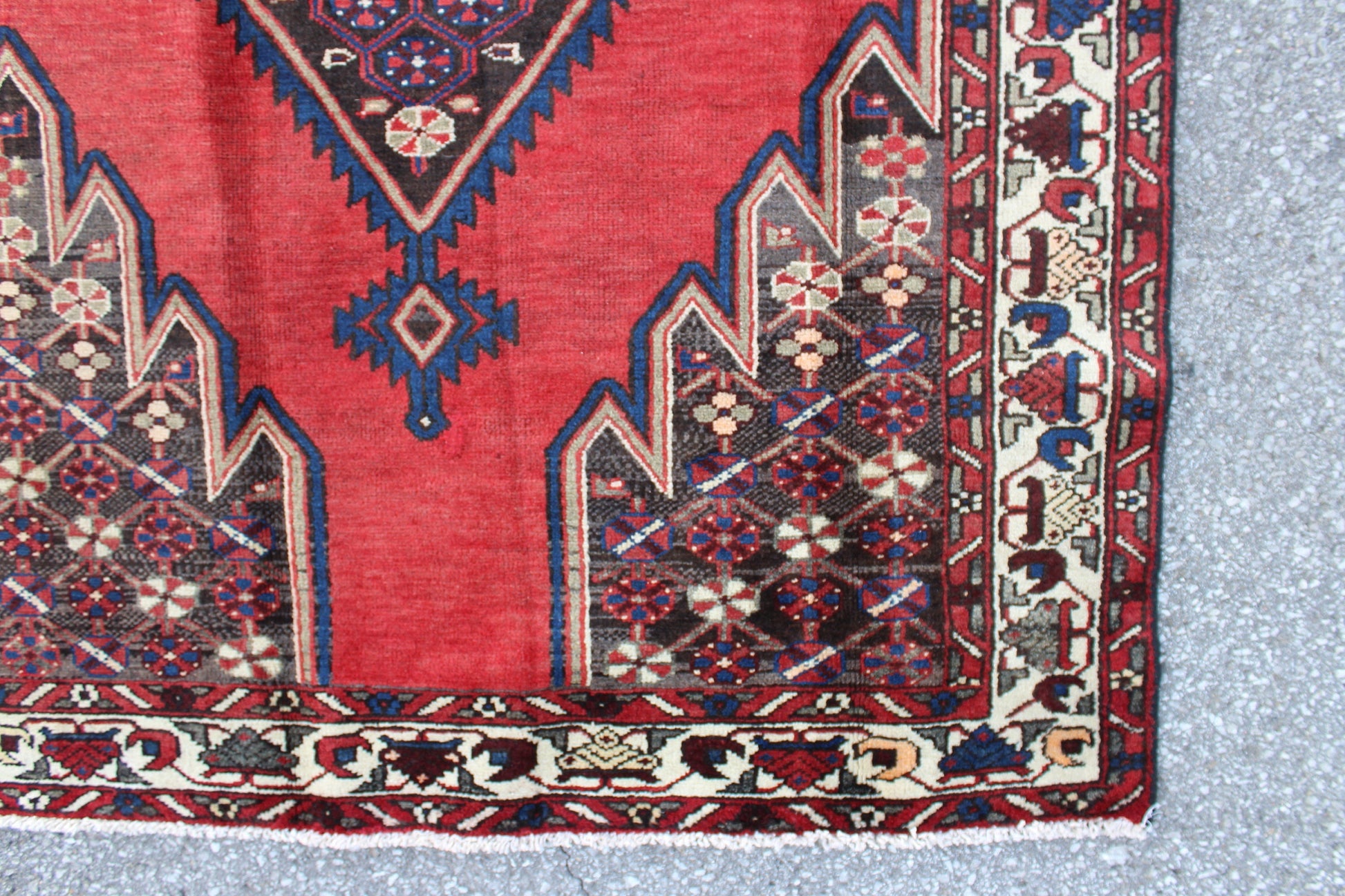 Red Rug with Navy Beige Border 4x7 Handmade Wool Rug