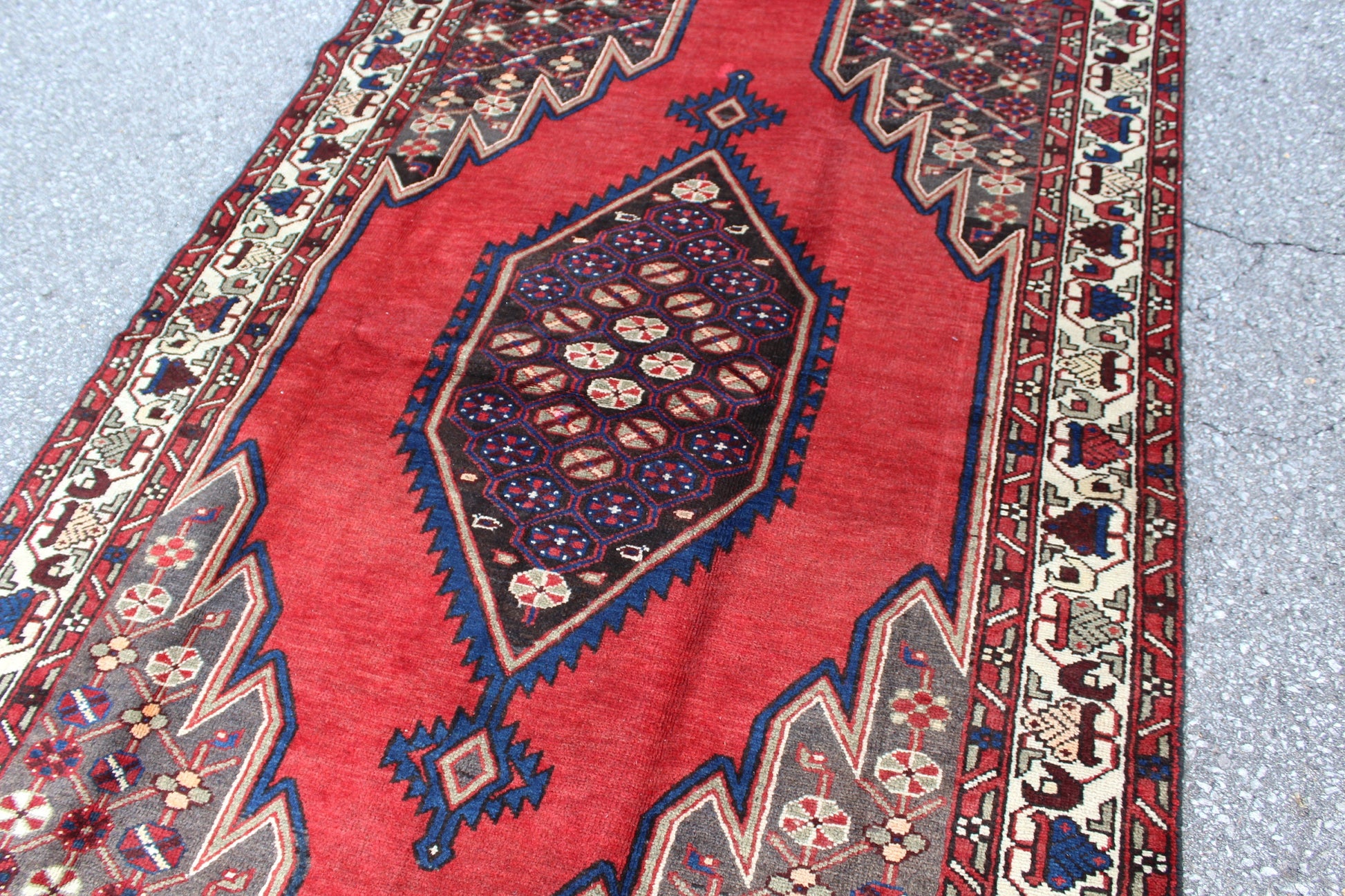 Red Rug with Navy Beige Border 4x7 Handmade Wool Rug