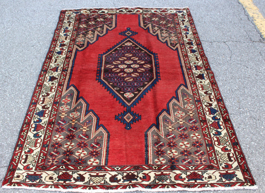 Red Rug with Navy Beige Border 4x7 Handmade Wool Rug