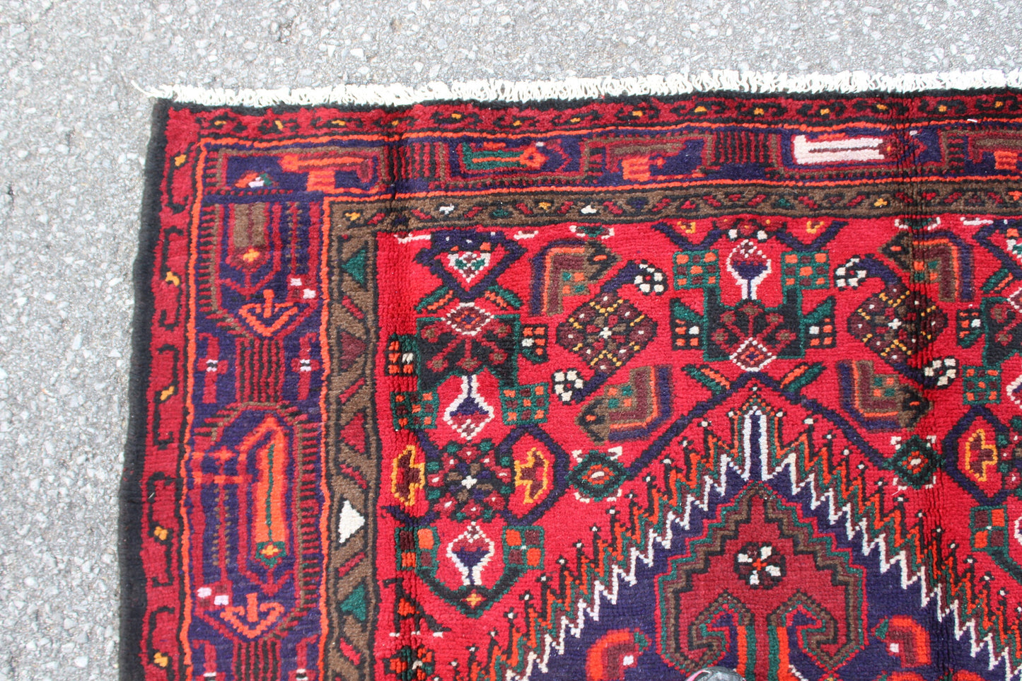 Red 4x6 Hand Knotted Rug with Navy Blue Persian Tribal Designs