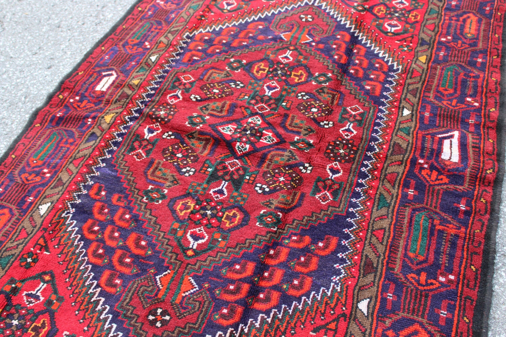 Red 4x6 Hand Knotted Rug with Navy Blue Persian Tribal Designs