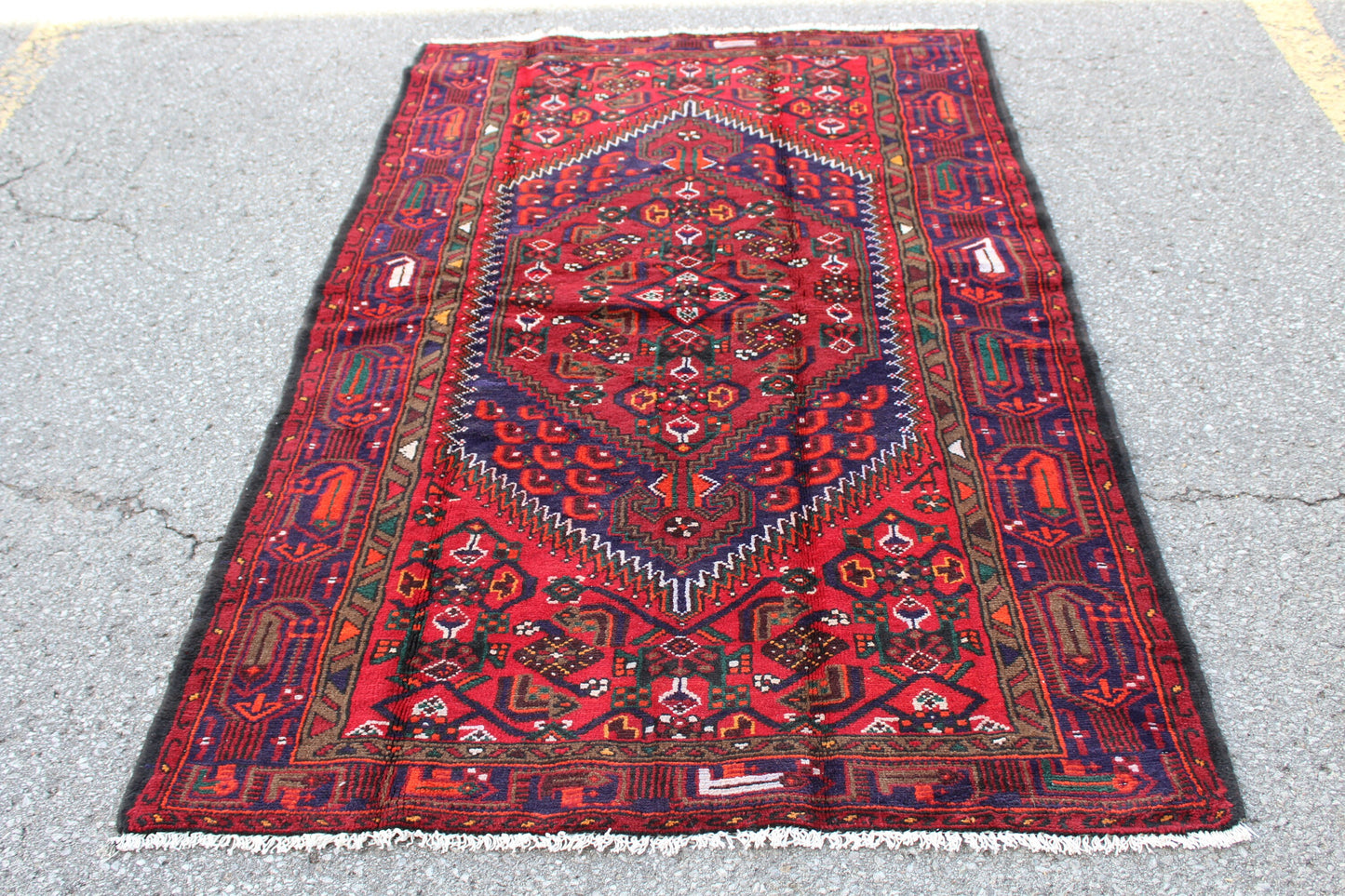 Red 4x6 Hand Knotted Rug with Navy Blue Persian Tribal Designs