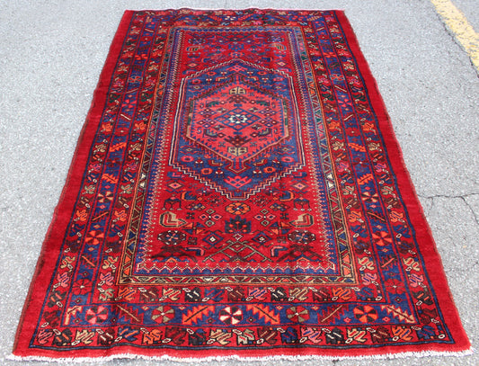 Red Blue 4x7 Vintage Rug | Tribal Oriental Persian Rug | Kazak Bohemian Rug | Handmade Rug