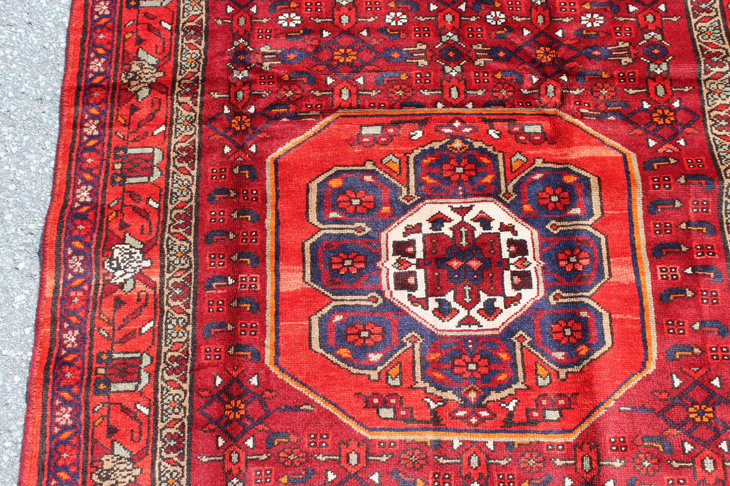 Bright Red Orange 4x7 Tribal Vintage Rug with Olive Green Border