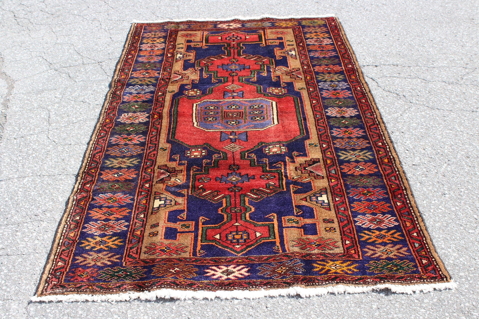 Blue Red 4x7  Vintage Rug | Tribal Oriental Persian Rug | Kazak Bohemian Rug | Handmade Rug