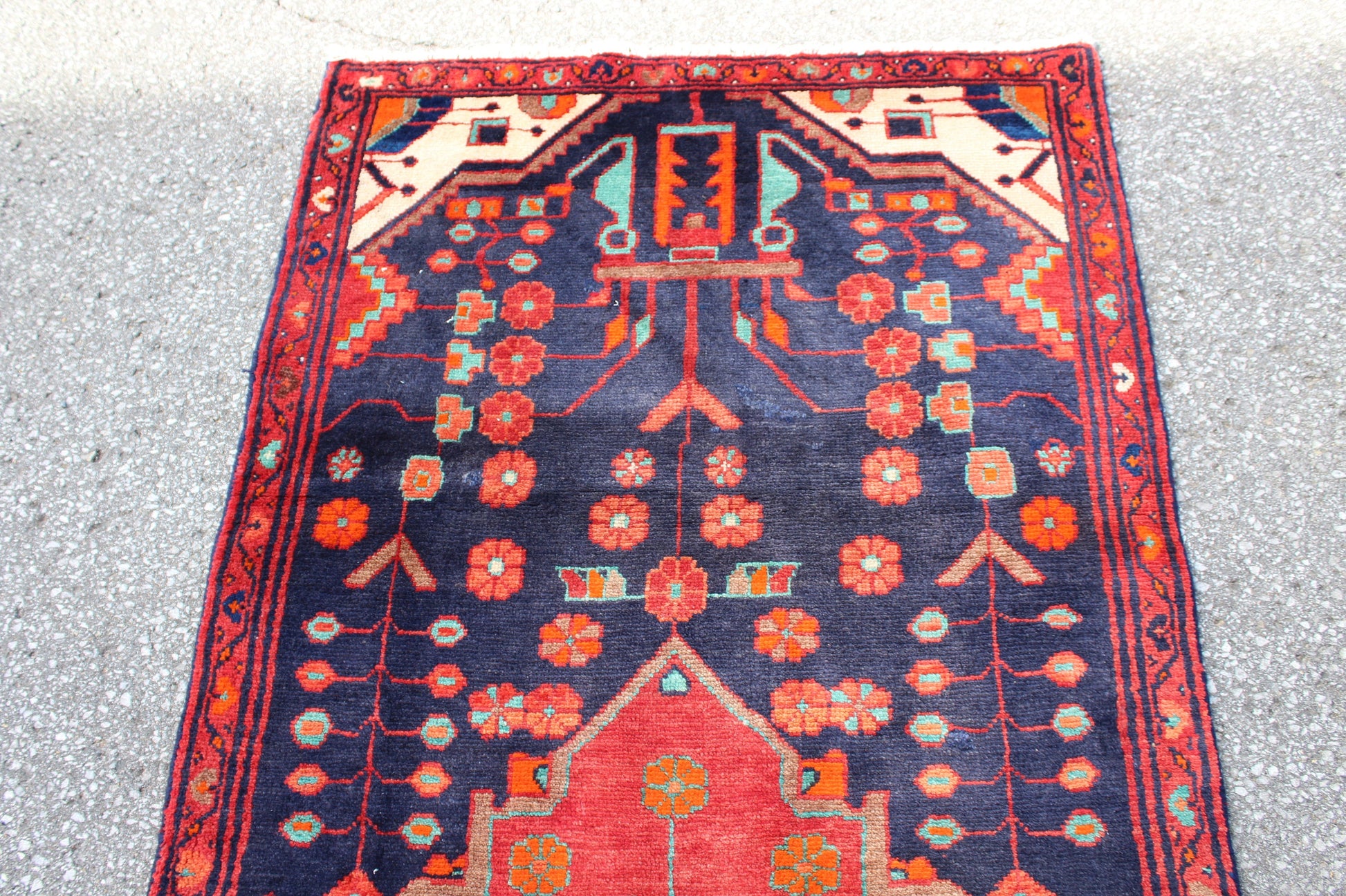 Navy Blue 3x 11 Rug with Red Medallion & Border | Vintage Hand Knotted