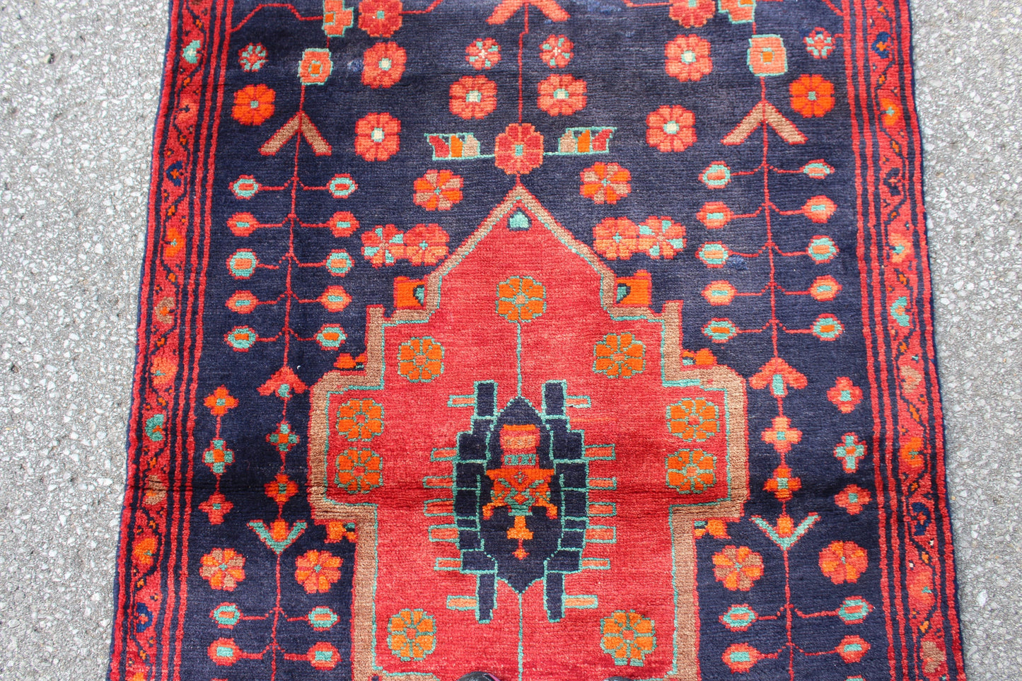 Navy Blue 3x 11 Rug with Red Medallion & Border | Vintage Hand Knotted