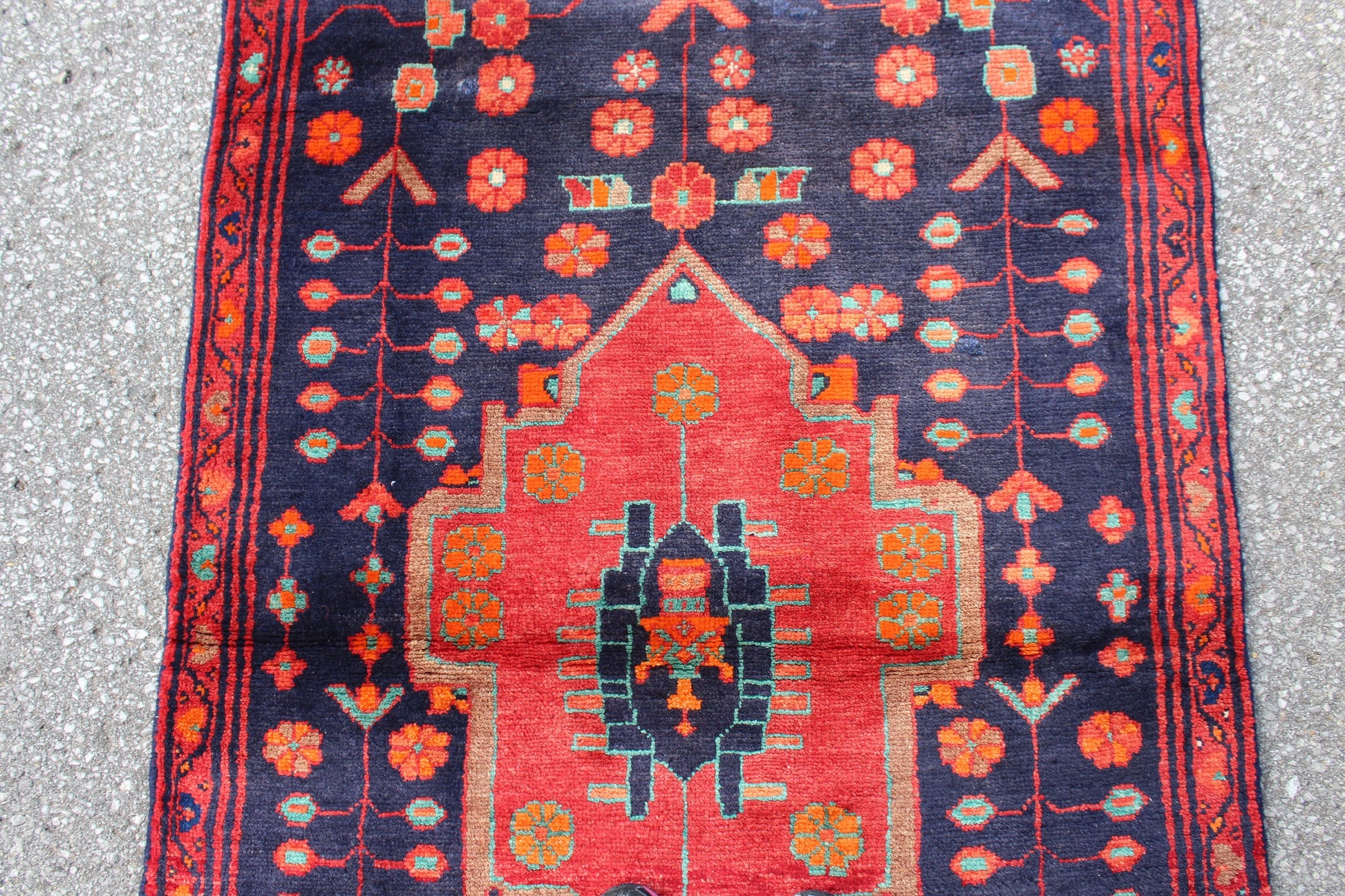 Navy Blue 3x 11 Rug with Red Medallion & Border | Vintage Hand Knotted